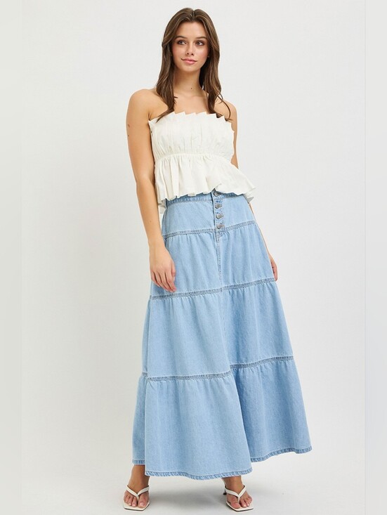 Risen Jeans Dresses & Skirts - RISEN Light Wash Tiered Maxi Skirt Button Elastic Pull On Cotton Various NEW
